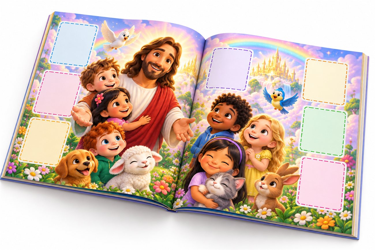 Álbum de figurinhas católico aberto com espaços para colar as figurinhas